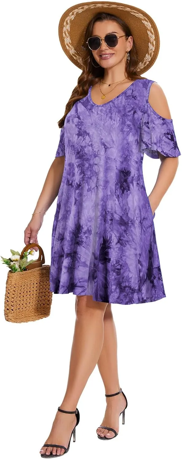 ZENNILO Plus Size Tshirt Dress Cold Shoulder Summer Dresses V Neck Short Sleeve Swing Dress for Women with Pockets