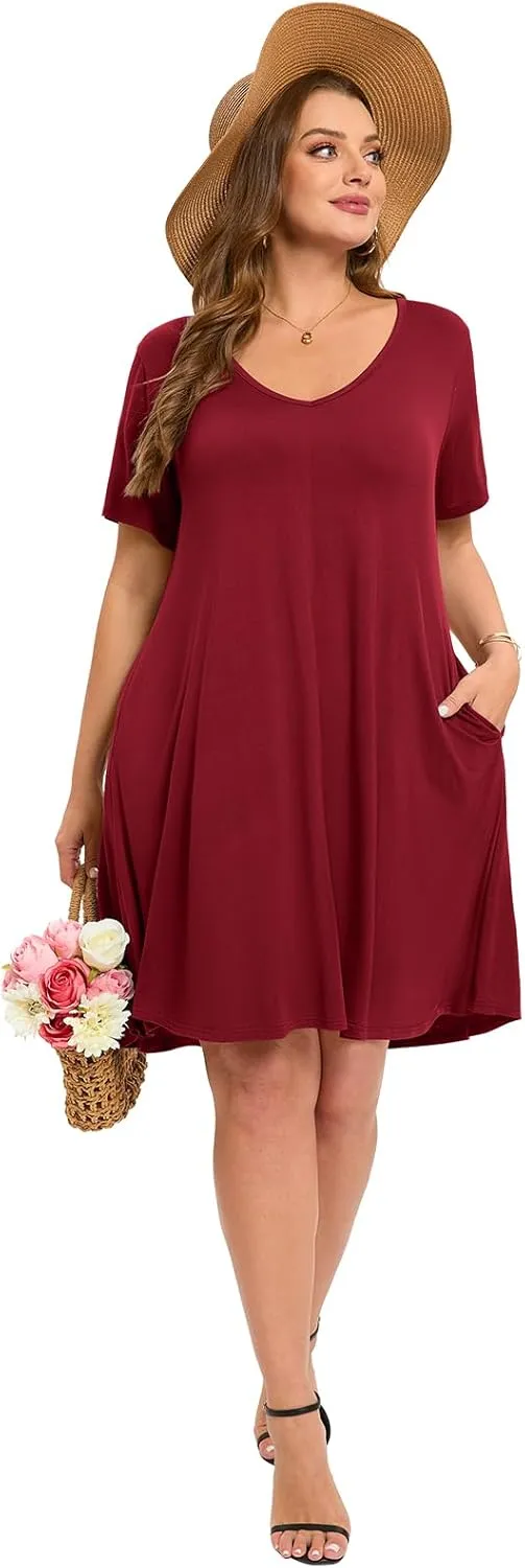 ZENNILO Women's Plus Size Swing Dress with Pockets Casual Summer Dresses V Neck Short Sleeve T Shirt Dress for Women