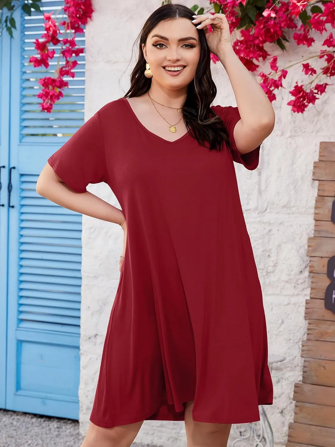ZENNILO Women's Plus Size Swing Dress with Pockets Casual Summer Dresses V Neck Short Sleeve T Shirt Dress for Women