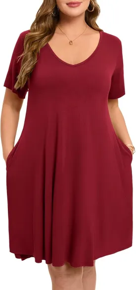 ZENNILO Women's Plus Size Swing Dress with Pockets Casual Summer Dresses V Neck Short Sleeve T Shirt Dress for Women