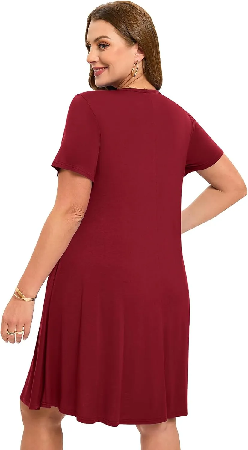 ZENNILO Women's Plus Size Swing Dress with Pockets Casual Summer Dresses V Neck Short Sleeve T Shirt Dress for Women