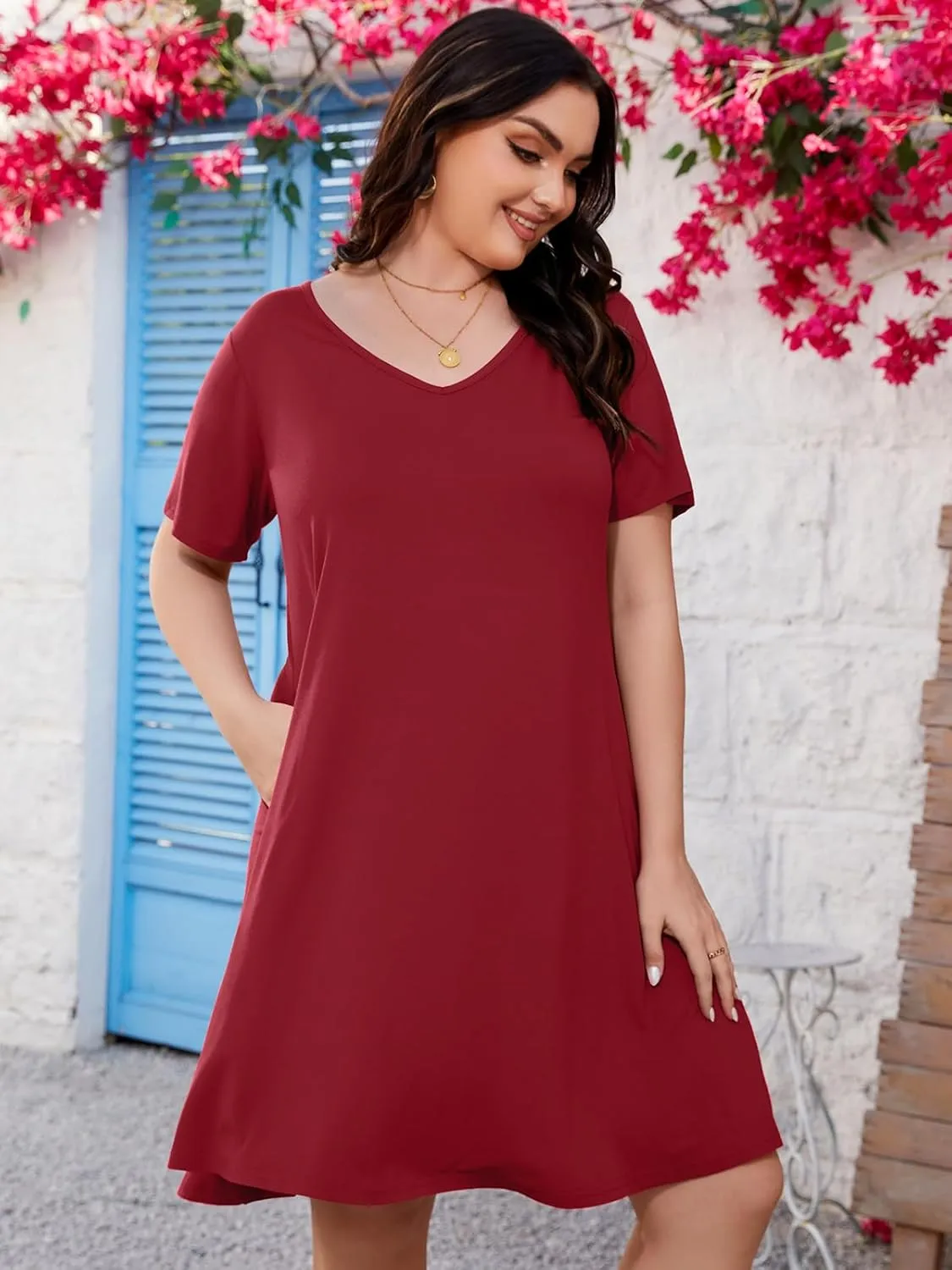 ZENNILO Women's Plus Size Swing Dress with Pockets Casual Summer Dresses V Neck Short Sleeve T Shirt Dress for Women