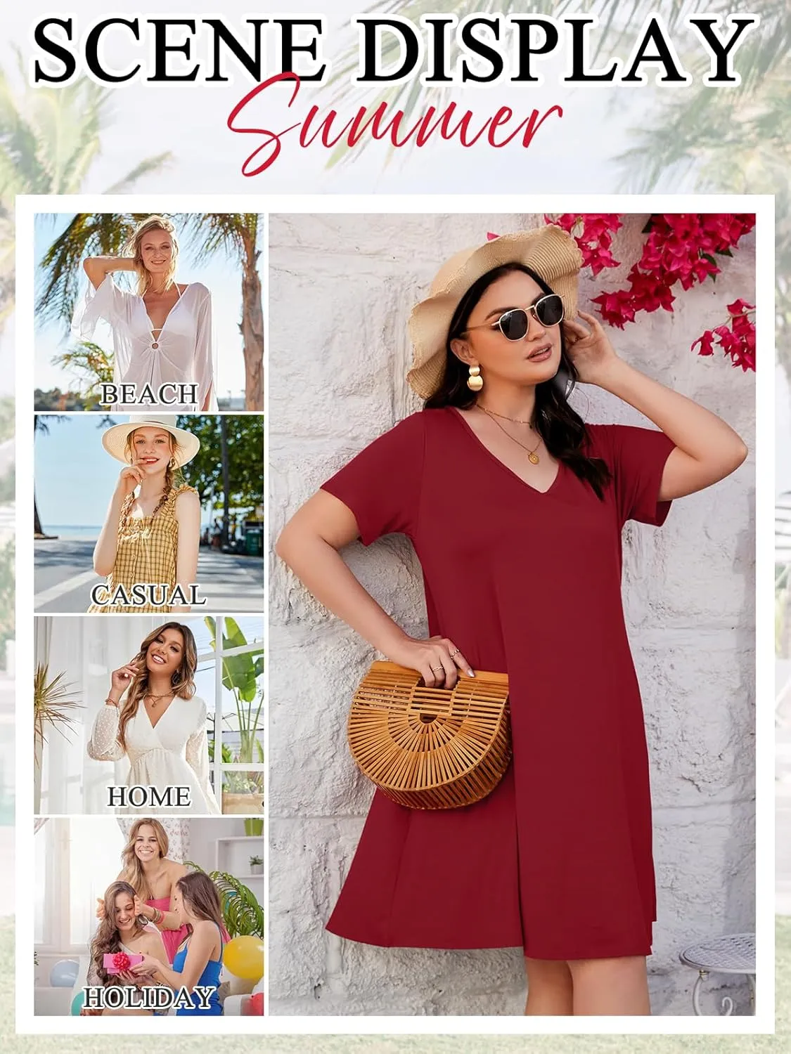 ZENNILO Women's Plus Size Swing Dress with Pockets Casual Summer Dresses V Neck Short Sleeve T Shirt Dress for Women