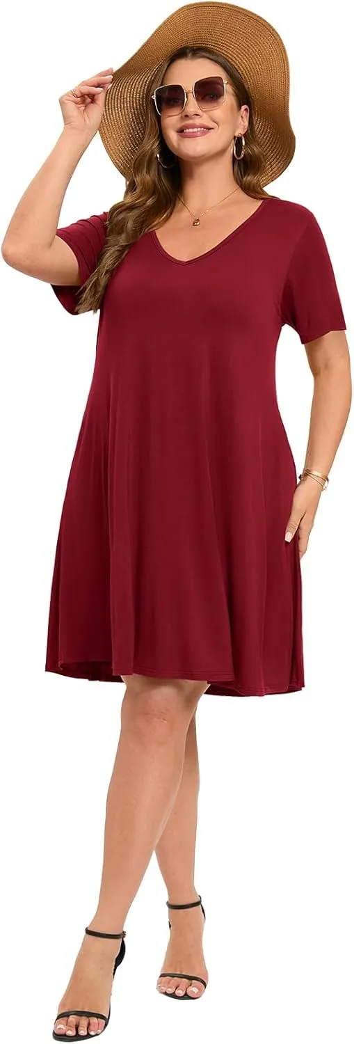 ZENNILO Women's Plus Size Swing Dress with Pockets Casual Summer Dresses V Neck Short Sleeve T Shirt Dress for Women
