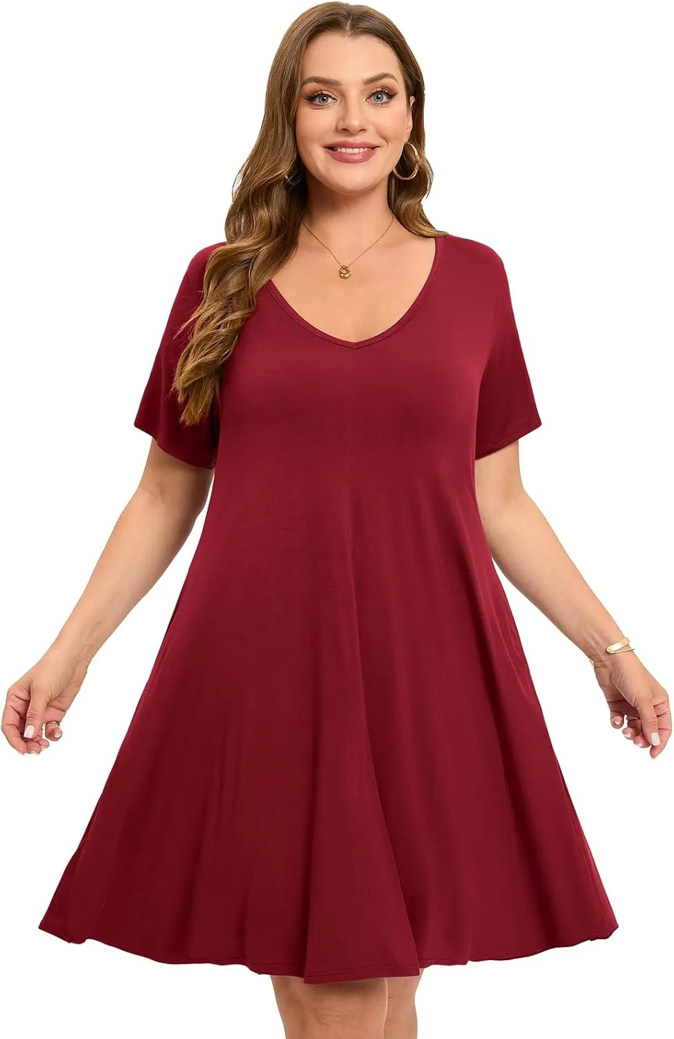 ZENNILO Women's Plus Size Swing Dress with Pockets Casual Summer Dresses V Neck Short Sleeve T Shirt Dress for Women